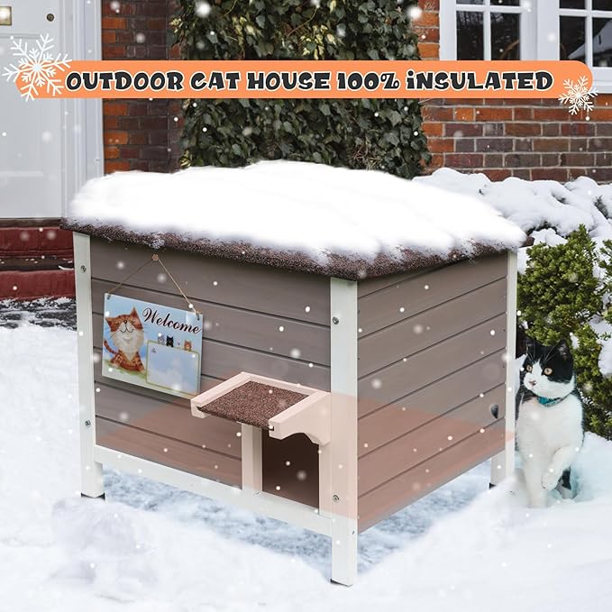 Rockever Outdoor Cat House, 100% Insulated Cat House for Outdoor Cats Weatherproof Feral cat House for All-Round Foam Layers Filling (Grey-with Cover, L)