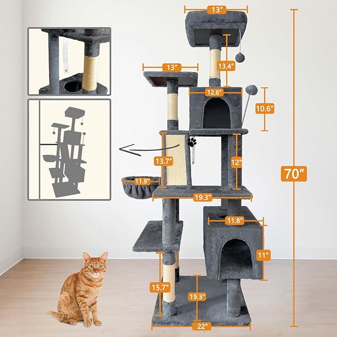 70" Cat Tree Tower for Indoor Cats, Multi-Level Cat Tower Condo with Sisal Scratching Post (Dark Gray)