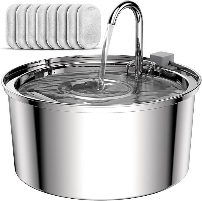 Tomxcute Cat Water Fountain Stainless Steel - 108oz/3.2L Cat Fountain for Drinking- Large Capacity Pet Water Fountain - Cat Feeding & Watering Supplies - Comes with 8 Replacement Filters