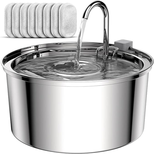 Tomxcute Cat Water Fountain Stainless Steel - 108oz/3.2L Cat Fountain for Drinking- Large Capacity Pet Water Fountain - Cat Feeding & Watering Supplies - Comes with 8 Replacement Filters