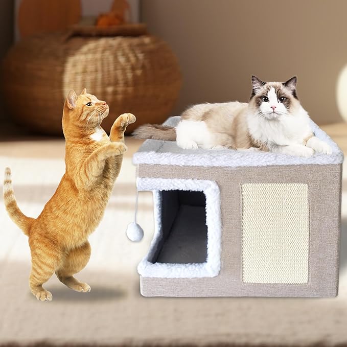 Cat Bed for Indoor Cats Cube House,Large Covered Cat Beds Cave & Furniture with Fluffy Ball and Scratch Pad Foldable Hideaway Nest & Condo with Washable Mat for Kitten Kitty Small Pet(Beige)