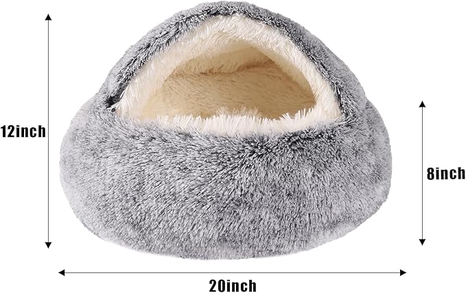 Round Hooded Cat Bed & Dog Bed with Cover Cave, Dog Bed for Small Dogs, Faux Fur Cuddler Round Coved Cat Bed Self Warming Donut Dog Bed Fits up to 12 lbs Pets (Gray, 20inch x 20inch)