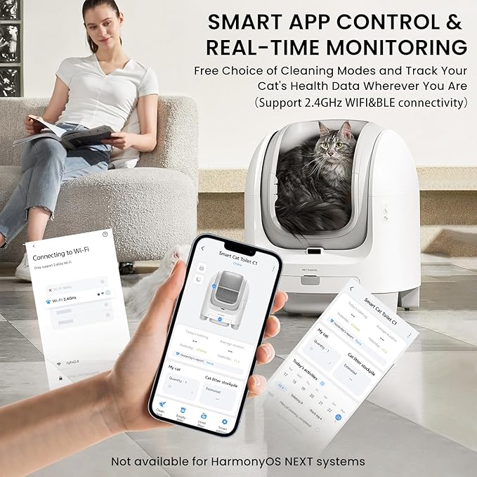 Automatic Litter Box C1: Self-Cleaning 70L Open-Top w/Health App, 4 Safety Sensors for Cats 3.3-22 lbs, Easy Clean & Waste Bags, Multi-Cat Household