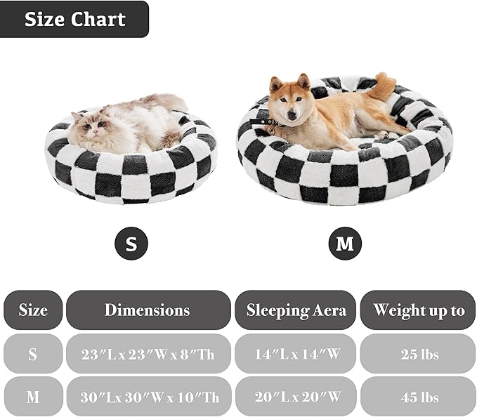 Checkered Dog Bed, Cute Black White Retro Style Aesthetic Round Warming Pet Calming Beds for Small Dog and Cats, Plush Cozy Donut Dog Beds Washable, 30" L x 30" W x 8" Th