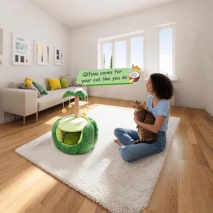 Cat Houses for Indoor Cats, Small Cat Tree with Sisal Ropes and Plush Perch, Cute Cat Bed Cave with Soft Pillow, Coconut Palm Design