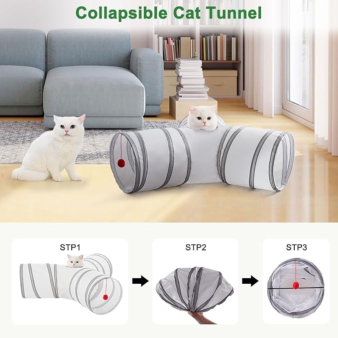 Cat Tunnels for Indoor Cats 3 Way Play Toy Kitty Tunnel Peek Hole Toy with Ball for Cat Tube Fun for Rabbits Kittens and Dogs