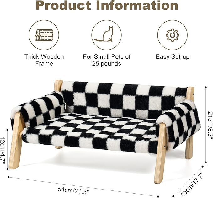Elevated Cat Couch Bed for Indoor Cats - Wooden Pet Sofa with Removable Washable Thick Cover Raised Kitty Lounge Chair Suitable for Puppy or Small Animals(Cat Sofa Chessboard)