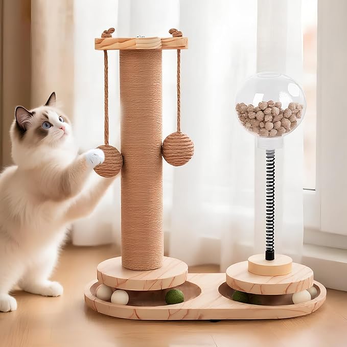 Kitten Scratching Post. 4 in 1 Wooden Cat Scratching Post. Kitten Toys for Indoor Cats with Leaky Food Ball and 2 Sisal Hanging Balls. 15.7" Cat Scratcher with 2 Cat Ball Tracks for Kittens