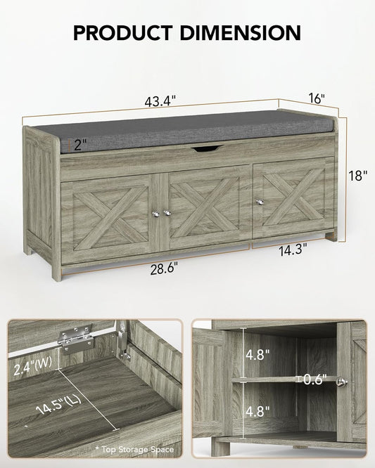Amada Shoe Bench, Entryway Bench with Cushioned Seat & Lift Top Storage, 3 Doors, Adjustable Shelf, 300 lbs Capacity, Storage Bench with Shoe Rack for Entryway, Bedroom, Living Room, Gray