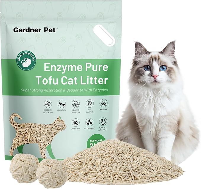 Gardner Pet Enzyme Tofu Cat Litter, Flushable Clumping Cat Litter, Low Dust, Odor Control, Plant-Based Natural Kitten Litter with Fast Absorption & Low Tracking (9LBS)