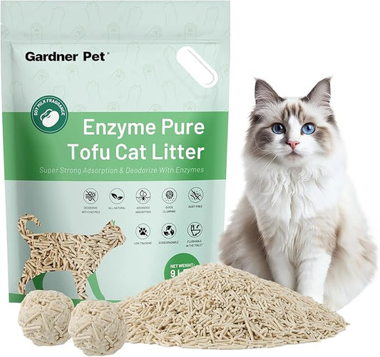 Gardner Pet Enzyme Tofu Cat Litter, Flushable Clumping Cat Litter, Low Dust, Odor Control, Plant-Based Natural Kitten Litter with Fast Absorption & Low Tracking (9LBS)
