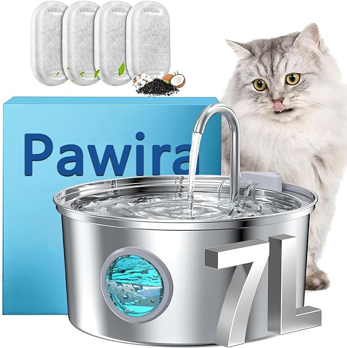 Pawira Water Fountain for Cats, 2025 Upgraded 3.2L/7L Stainless Steel Cats & Dogs Water Fountain with Filter Sets, Multi-Filtration, Whisper Quiet, Easy to Clean (7L/254oz, Type A + 4 Filter)