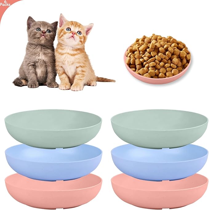 6-Pieces Whisker Fatigue Cat Bowl - 5.5 Inch Shallow Cat Food Dish Wide Cats Wet Feeding Bowls, PET Plate for Kittens and Short Legged Cats, Wheat Straw