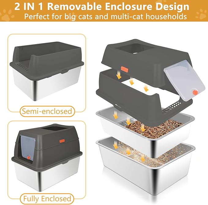 ELEGX Pine Litter Sifting Cat Litter Box, 4-in-1 Cat Metal Litter Box Set,Enclosed Removable Metal Litter Box with Screen Mesh,High Sided Enclosure,Mat & Scoop (Deep Grey)