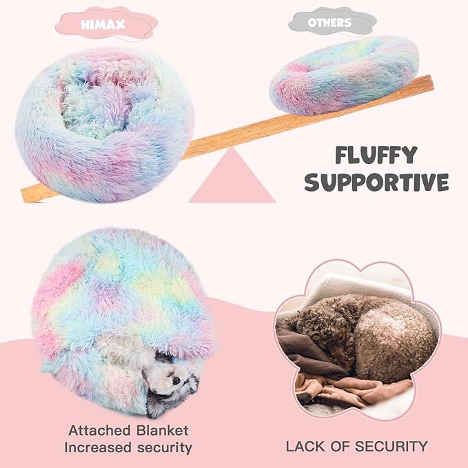 Himax Dog Beds for Large Dogs, Donut Dog Bed with Blanket Attached, Calming Round Dogs Beds Washable(20"/26"/35") Multicolor
