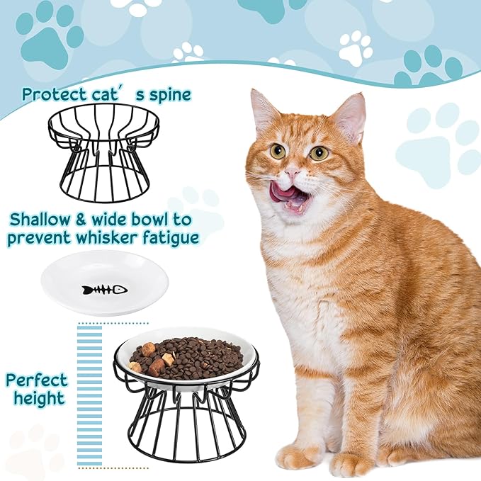 Roshtia 4 Sets Elevated Cat Bowls Ceramic Raised Cat Food Bowls with Metal Stand Dishwasher Safe Dishes Non Slip Elevated Food Plate(Black,Fishbone)
