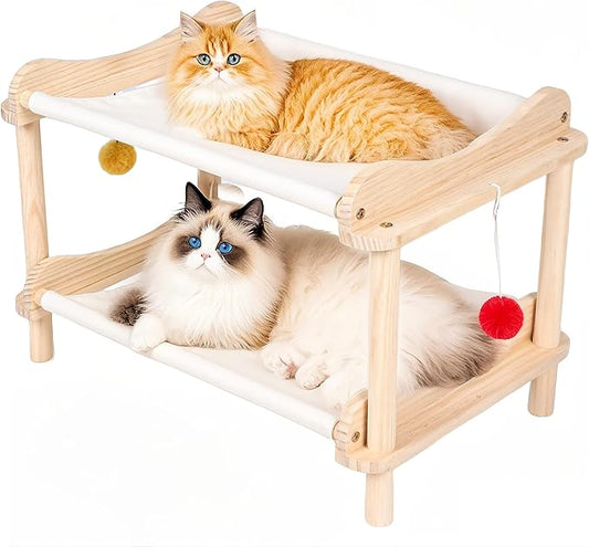 2-Layer Cat Hammock Bed, 24"x15.7"x16.3" Elevated Cat Bed with Pine Wood Frame, Breathable Washable Covers, Wooden Pet Furniture for Indoor Cats and Small Animals(White-2)