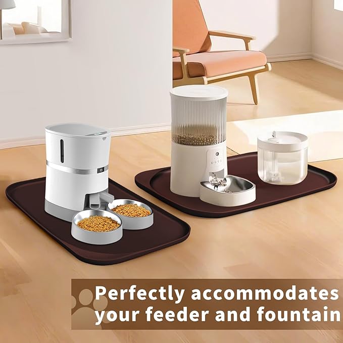 Silicone Pet Feeding Mat with Raised Edge & Residue Collection Pocket for Food and Water, Dog Bowl Mats, Cat Bowls Placemat with High Lip for Floor Waterproof, 22 x 14 x 0.8 Dark Brown