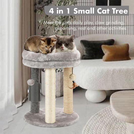 MECOOL 4in1 Small Cat Tree,Scratching Post with Tower Soft Bed, Sisal Carpet Jute Posts with Three Hanging Ball Toys and Massage Brush for Indoor Cats and Kittens