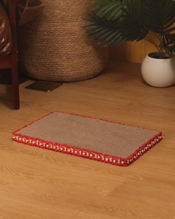 Classic Red Cat Scratch Pad, Stylish Boho Lace with Pearl Large Cardboard Cat Scratcher, Cat Scratchers for Indoor Cats, Durable Cat Scratching Board, Horizontal Scratch Pad for Cats