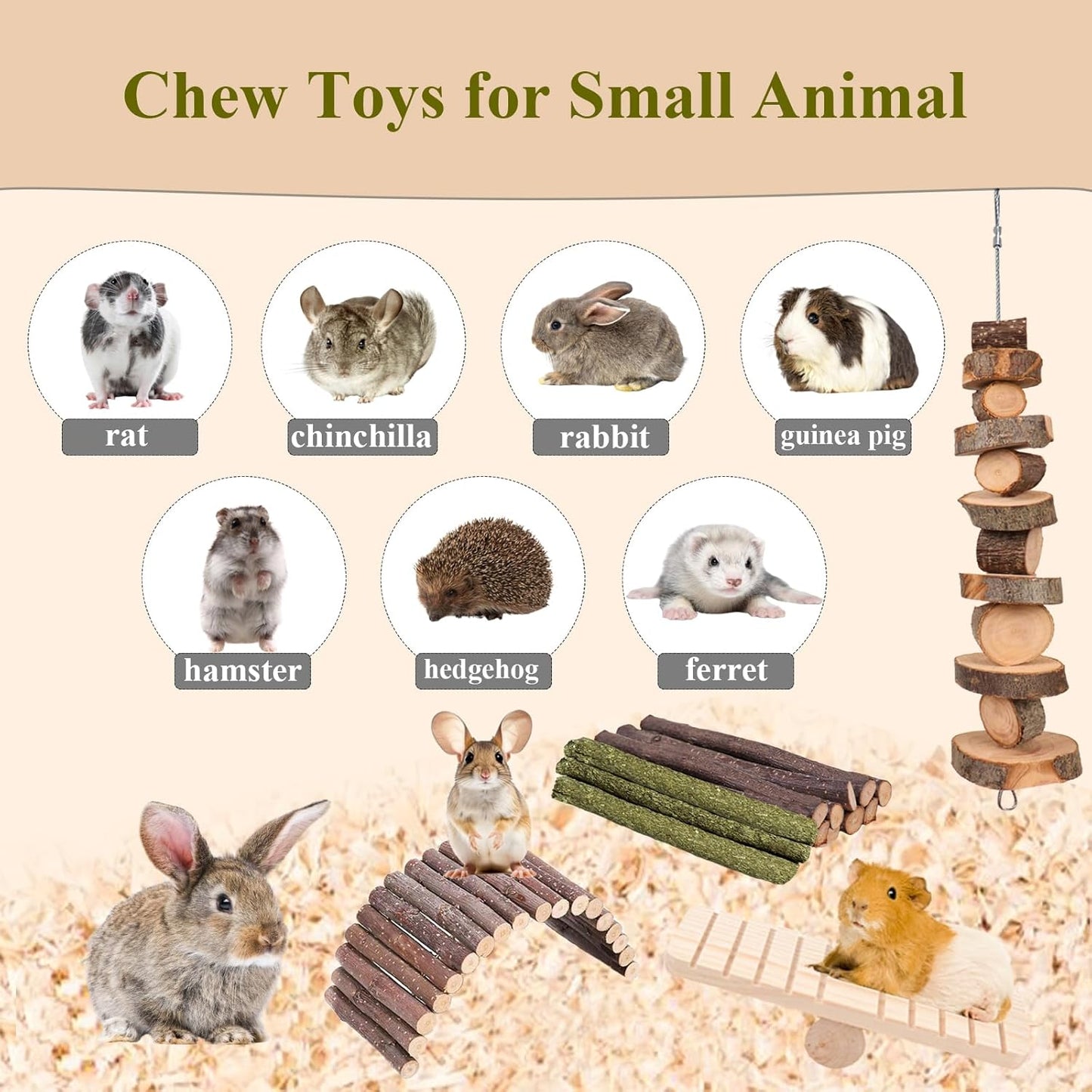 Grddaef Hamster Toys, Guinea Pig Chew Toys Small Animal Enrichment Toys Cage Accessories for Chinchilla Gerbils Rats Bunny Mouse