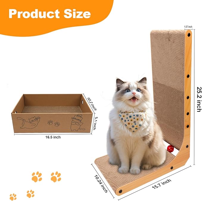 L-Shaped Cat Scratcher 2-in1 Scratching Board for Indoor Cats Protecting Furniture Cardboard Box Scratch Pad with Ball Toy