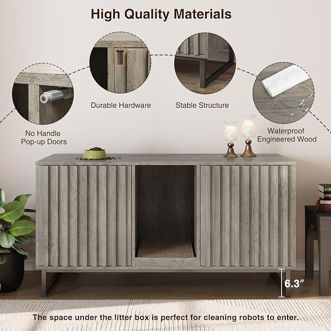 Cat Litter Box Enclosure for 2 Cats, 47.6’’ Litter Box Furniture Hidden with Scratch Pad, Double Room Large Cat Cabinet, Indoor Pet House TV Stand Side Table,Washroom,Grey