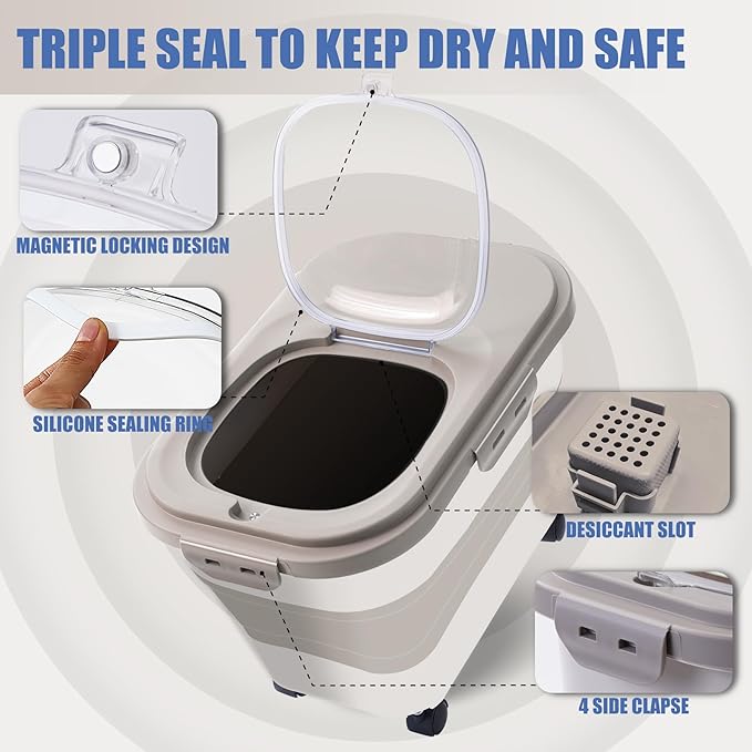 Collapsible Dog Food Storage Container, Airtight 30 35 Lbs Rice Cereal Flour Sugar Kitchen Accessories Bin Bucket, 20 25 Lbs Dog Cat Pet Holder Gift Travel Essentials Must Haves Gear Stuff Necessities