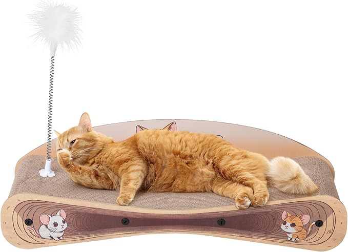 Cat Scratcher Lounge Bed, Reversible 2-in-1 Cardboard Scratching Board, Durable Curved Cat Scratch Pad for Indoor Cats with Toy, Cartoon Pattern