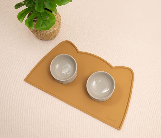 OHMO - Cat Food Mat, Silicone Pet Feeding Mat for Floor Non-Skid Waterproof Dog Water Bowl Tray, Easy to Clean Pet Placemat (Honey, 18 * 9.8'')