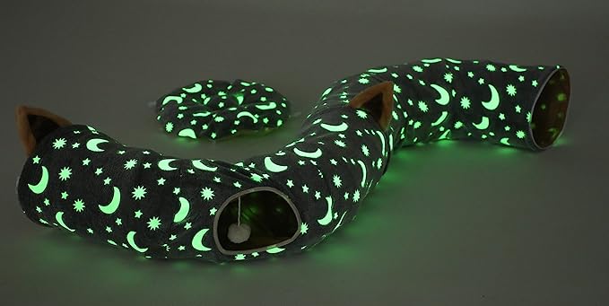 LUCKITTY Cat Tunnel Bed Tube with Cushion and Plush Ball Toy Playground Crinkle Collapsible Self-Luminous Flannel Fabric 3FT for Large Cats Kittens Kitty Small Animals Puppy Grey Moon Star