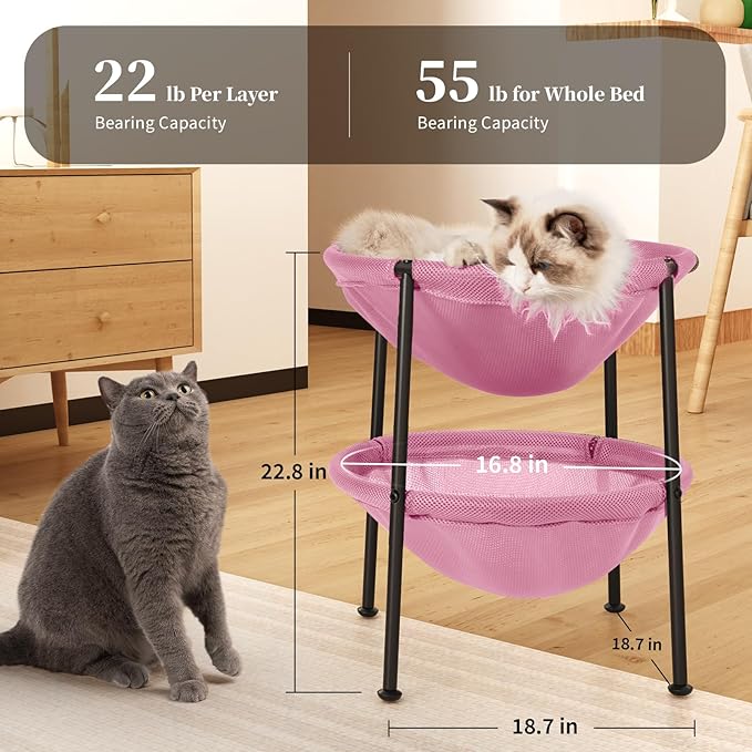 Double Cat Bed Pink, Breathable Pet Bed for 2 Cats with 4 Adjustable Feet & Anti-Slip Mats, Easy Assembly Cat Hammock for Multi-cat Household, Indoors & Outdoors, 22.8 in x18.7 in x 18.7 in