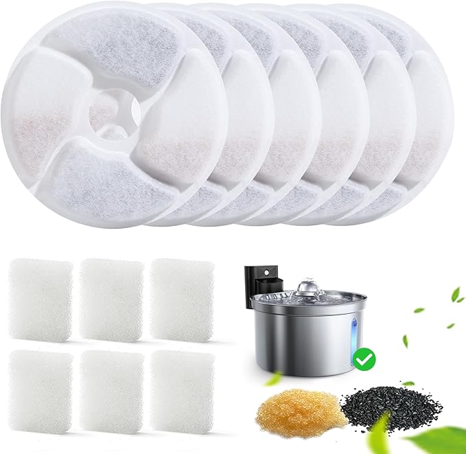 6 Pack Cat Water Fountain Filter & 6 Pack Pump Sponges Replacement for [FN-W19] - 6 Filters+6 Sponges