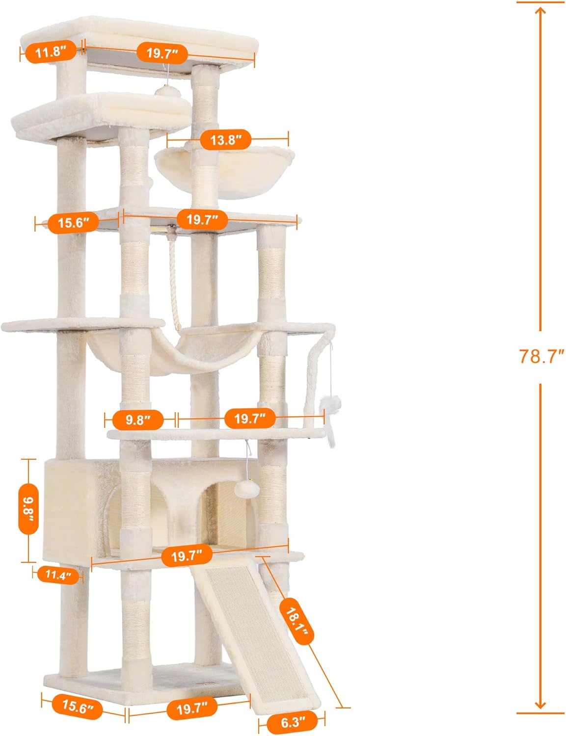 Heybly Tall Cat Tree, 78-inch Multi-Level Cat Tower for Indoor Cats, 2 Widened Plush Perches Cat Condo with Scratching Board and Big Caves, Beige HCT033M