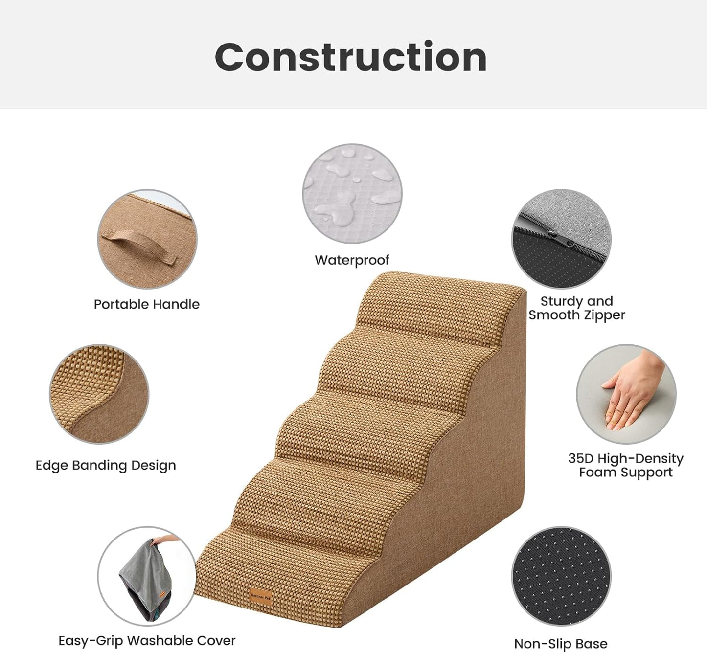 Gardner Pet Dog Stairs for Small Dogs 22.8" H, 5-Step Brown Curved Pet Stairs, Dog Steps for High Bed, Couch (24-30 in) with Durable Non-Slip Waterproof Fabric Cover and CertiPUR-US Certified Foam