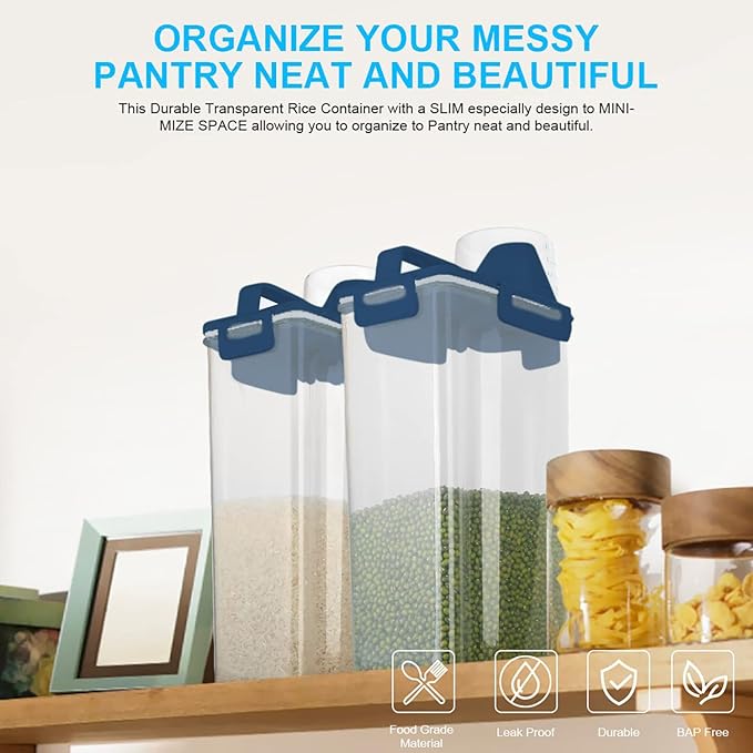 Rice Airtight Dry Food Storage Containers, BPA Free Plastic Storage Bin Dispenser with Pourable Spout, Measuring cup for Cereal, Flour and Baking Supplies Blue