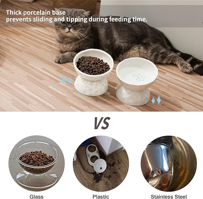 OMAYKEY Ceramic Raised Cat Bowls, Tilted Elevated Cat Food and Water Bowl Set, Porcelain Stress Free Pet Feeder Dish for Cats and Small Dogs, Dishwasher and Microwave Safe, White & White, Set of 2