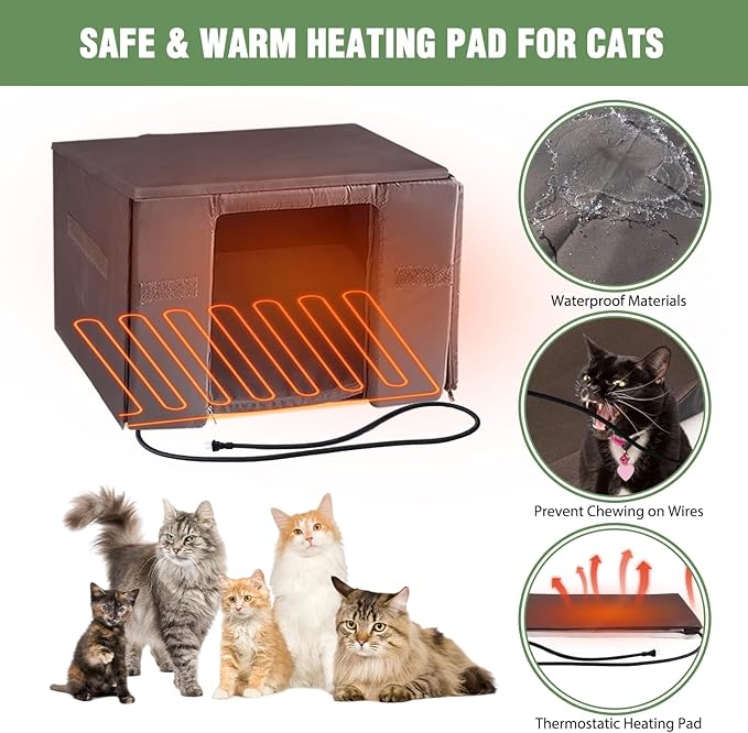 Heated Outdoor Cat House with Heating Pad, Weatherproof Cat Shelter, Feral Cat House with Insulated Liner for Keep Warm in Winter