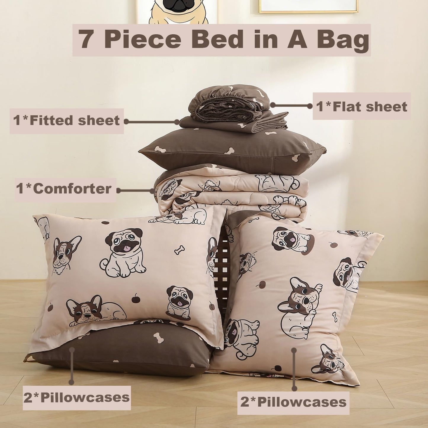 Kids Comforter Set 7 Piece Bedding Cute Dog Cartoon Animal Bed Microfiber Comforter Twin Size All Season (1 Comforter, 1 Flat Sheet, 1 Fitted Sheet, 4 Pillowcase)