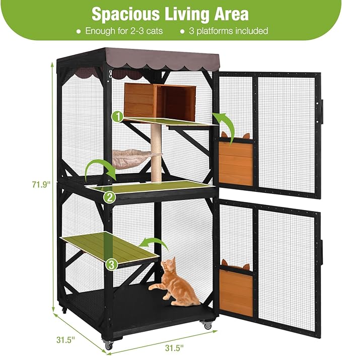 GUTINNEEN Catio Outdoor Cat Enclosure on Wheels - Outside Kitty House with Upgraded Resting Box, PVC Layer, and Waterproof Roof - 71.9" Black
