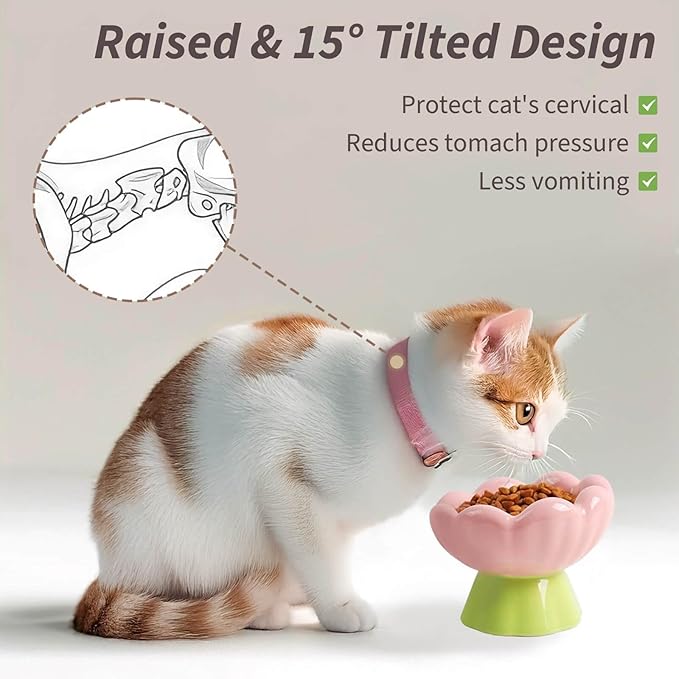 Ceramic Raised Cat Bowl Elevated, Tall & Tilted, Anti-Vomiting, Non-Slip, Cute Flower Cat Food Bowls for Dry Wet Food and Water, for Small Indoor Cats, Pink