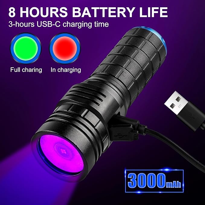 395nm Black Light Flashlight, 30W Rechargeable UV Flashlight, Ultraviolet Bright UV Led Torch for Pet Urine & Bed Bug Detector, Dry Stains, Ore and Jade, Durable and Strong (395 nM)