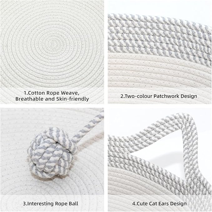 Cotton Rope Woven Cat Bed Basket, Hand Woven with Toy Tail, Small Dogs & Puppies Sleeping Bed, Indoor Cat & Rabbit Basket (Large, Gray & White)