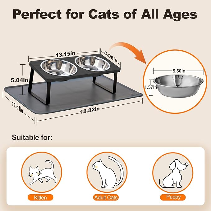 Elevated Cat Food Bowls with Mat Whisker Friendly, 15°Tilted Black Raised Cat Water Dishes Set for Anti Vomit, Pet Holder Stand Feeding Station for Indoor Kitten and Puppy