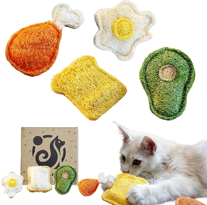 Loofah Chew Cat Toys with Catnip and SilverVine (Actinidia) for Kittens and Cats: Dental Care and Teething Comfort