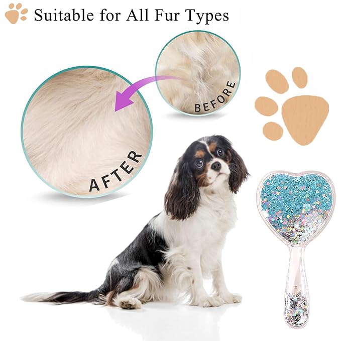 Small Dog Brush, Soft Brush for Shih Tzus, Yorkies, Maltipoos, Maltese, Love Shape Puppy Massaging Hair Comb for Small Dogs Cats Rabbits of All Hair Types (Glitter Blue)