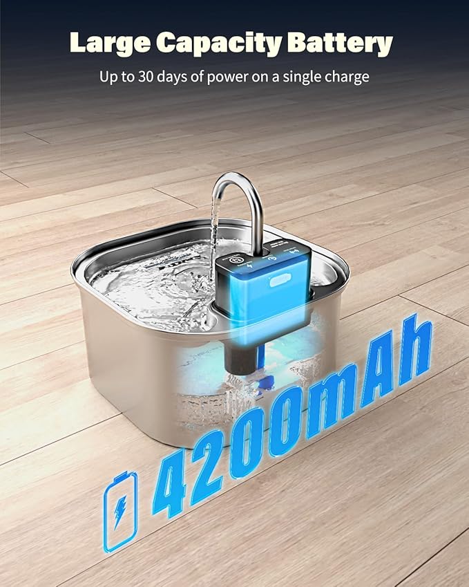 Wireless Cat Water Fountain Stainless Steel, 3.2L/108oz Battery Operated Pet Fountain with 3 Modes, Cordless Pet Water Dispenser for Cats and Dogs