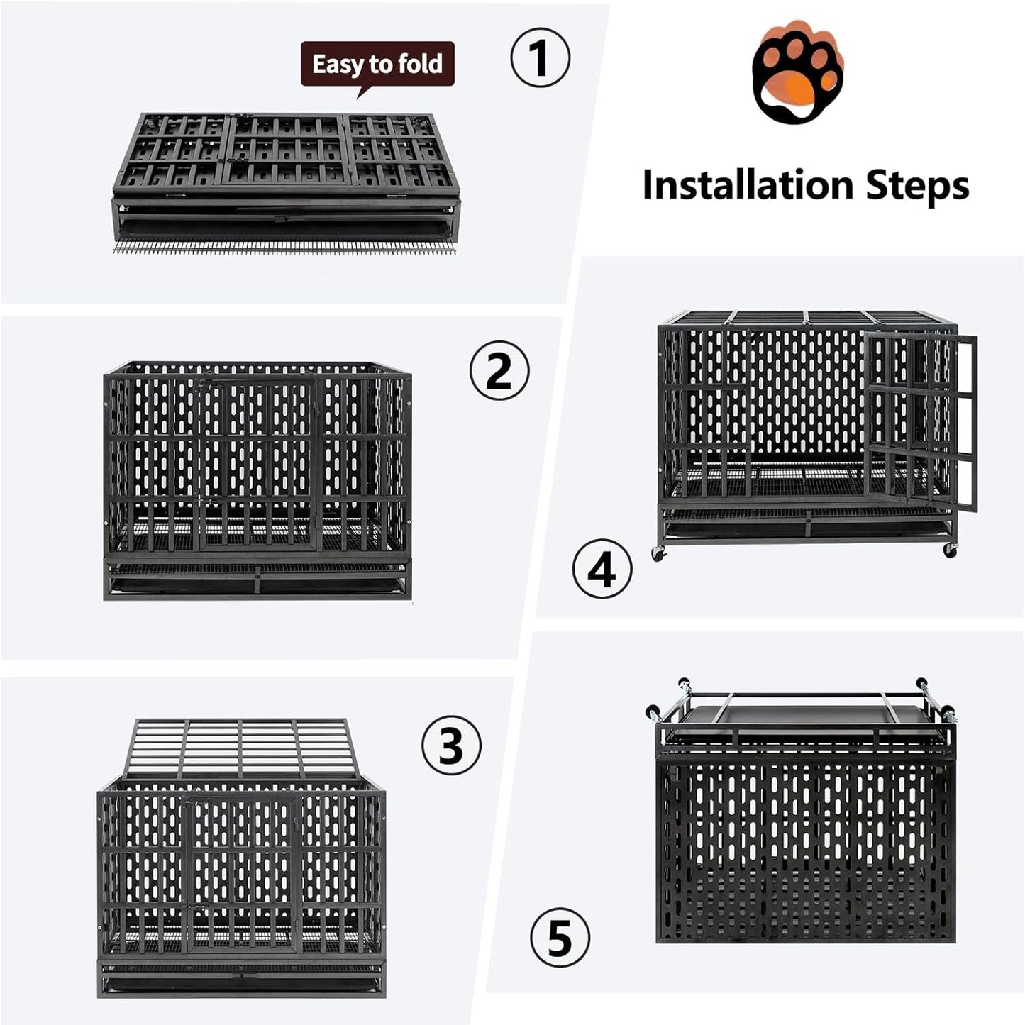 48/42 Inch Heavy Duty Indestructible Dog Crate Steel Escape Proof, Indoor Double Door High Anxiety Cage, Kennel with Wheels, Removable Tray, Extra Large XL XXL