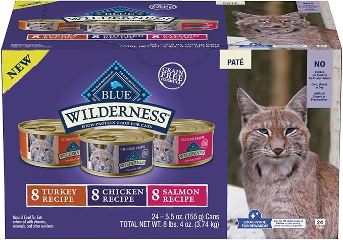 Blue Buffalo Wilderness High Protein, Natural Adult Pate Wet Cat Food Variety Pack, Chicken, Salmon, Turkey 5.5-oz can (24 count - 8 of Each Flavor)