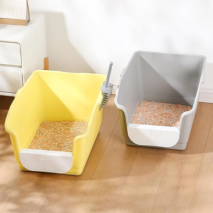 SpaceTime Large Cat Litter Box with High Sides,Cat Litter Pan with Low Entry & Small Storage Space,Cats Boxes for Kittens & Senior Cats Indoor,Anti-Splashing,Waterproof,Easy to Clean (Grey)